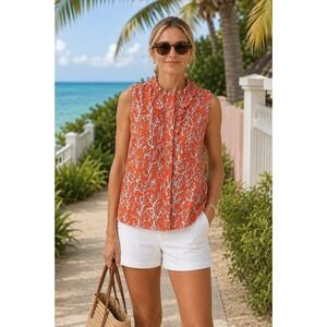 Tory Burch Coral Reef Print Ruffle Neck Button Front Sleeveless Blouse Orange‎ 6